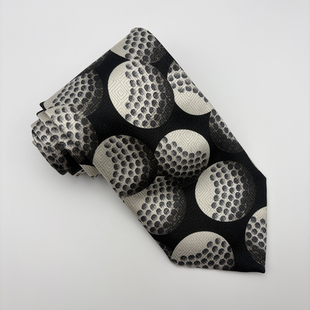 A. Rogers Tie Golf Ball Print Black Silver 4" Wide 58" Made in Korea Preppy